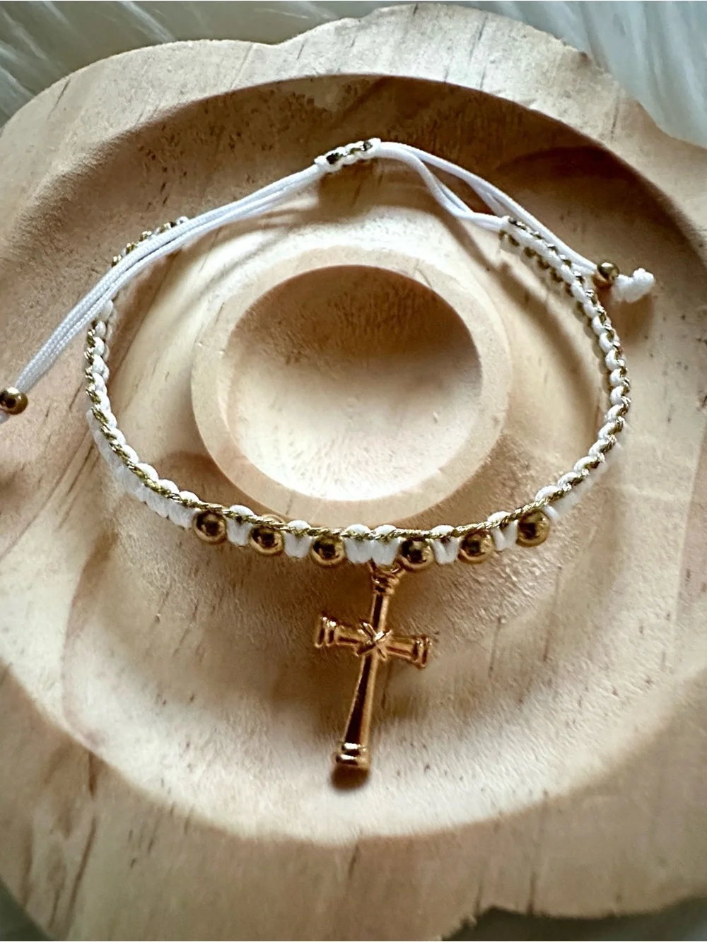 Handmade White String Adjustable Bracelet with Gold Tone Cross and Beads